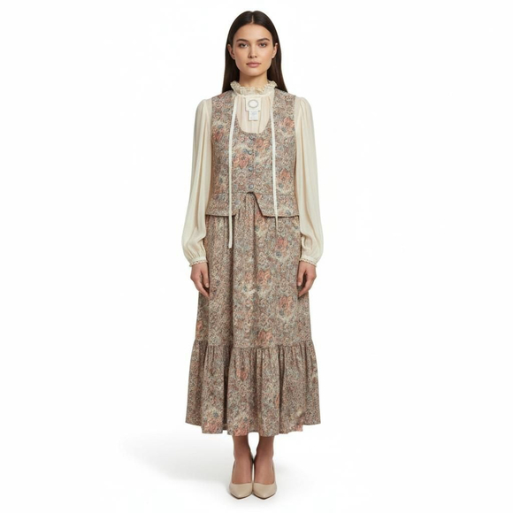 Rae Hepburn Vintage Arabesque 2 Piece Floral Dress Set Cottage Prairie 70s - Picture 4 of 10